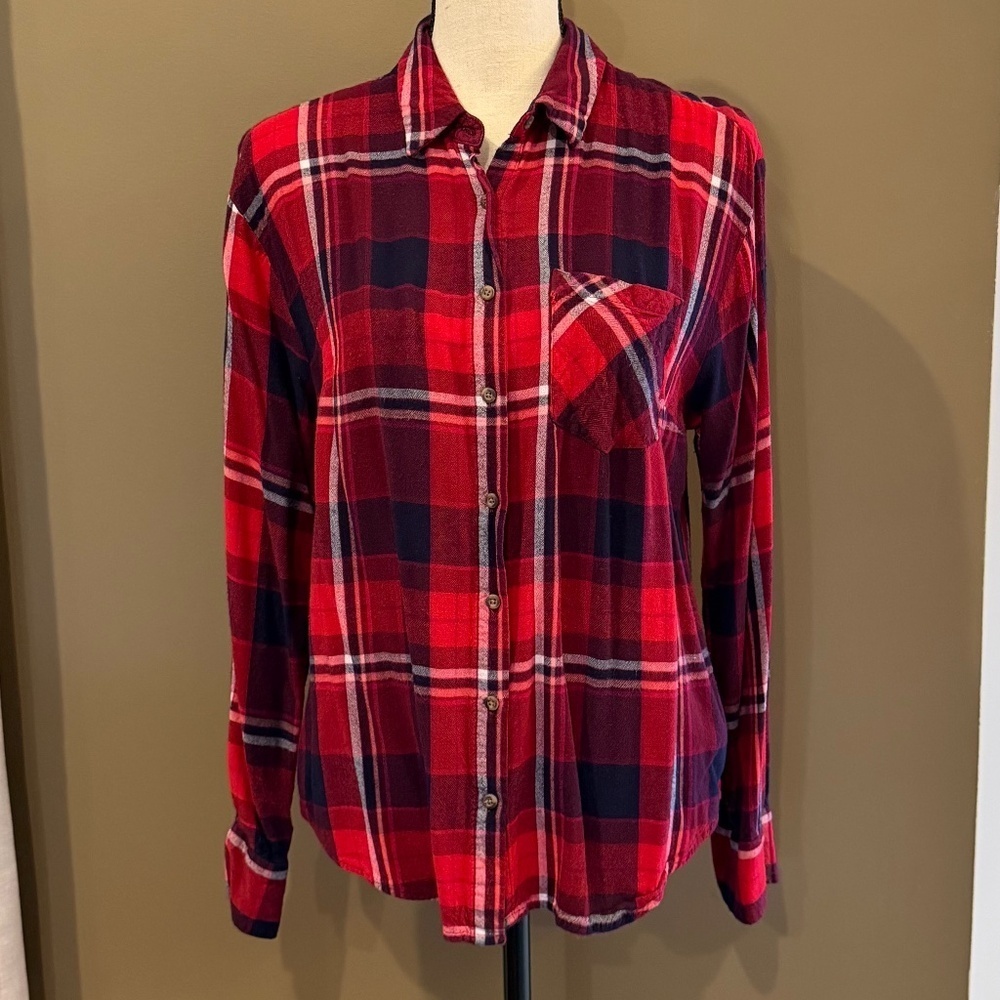 A New Day Women's Tartan Plaid Long Sleeve Button Down, Size Large